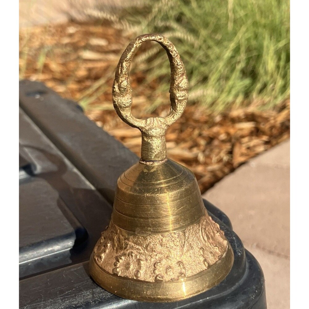 VTG Brass Hand Bell 3.5” Ornate Textured Relief Loop Handle Rustic Patina